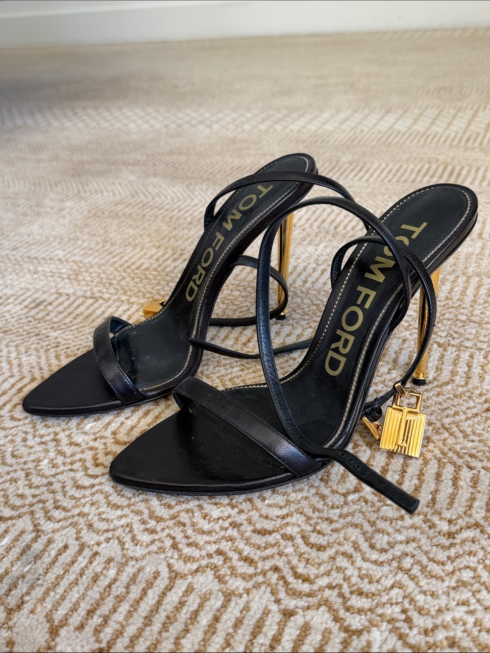Tom Ford Black Leather Strappy Heels with Gold-Tone Heel Charm